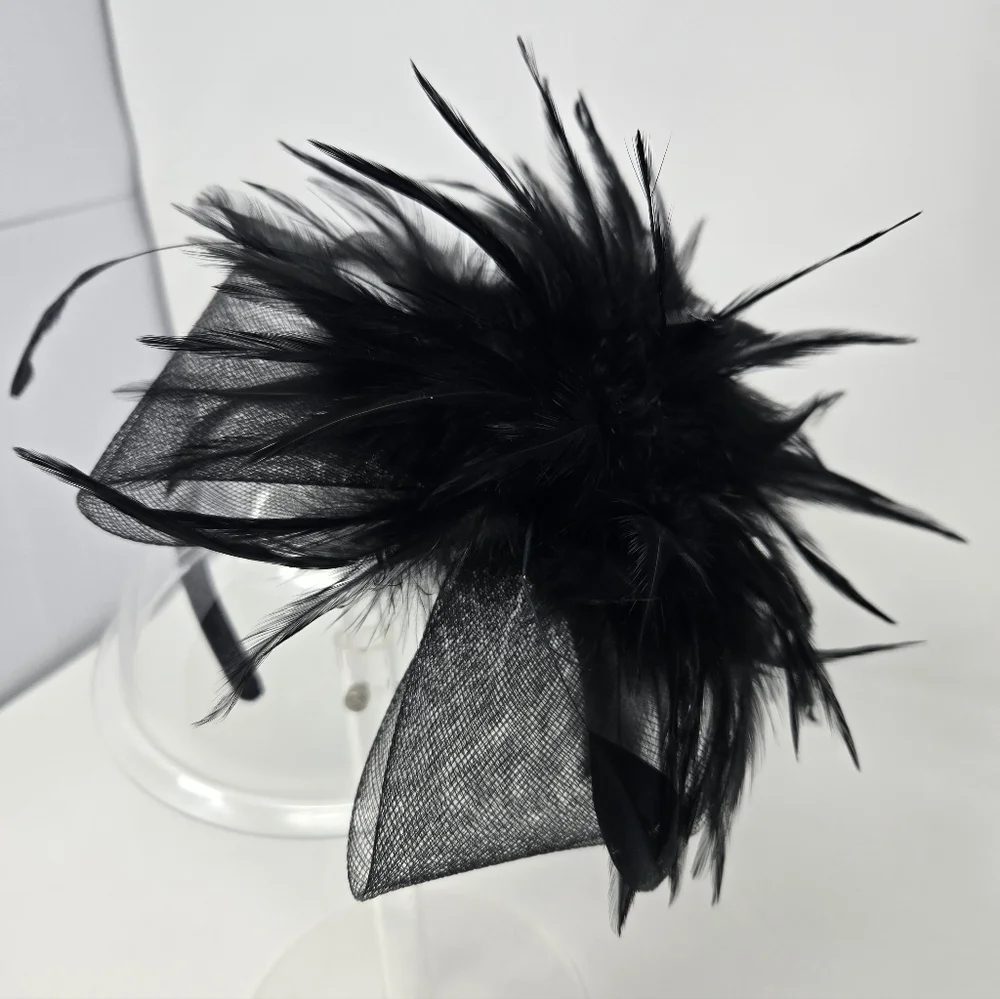 VINTAGE HANDMADE BLACK FASCINATOR HEADBAND HAIR ACCESSORY TULLE FEATHERS WOMEN